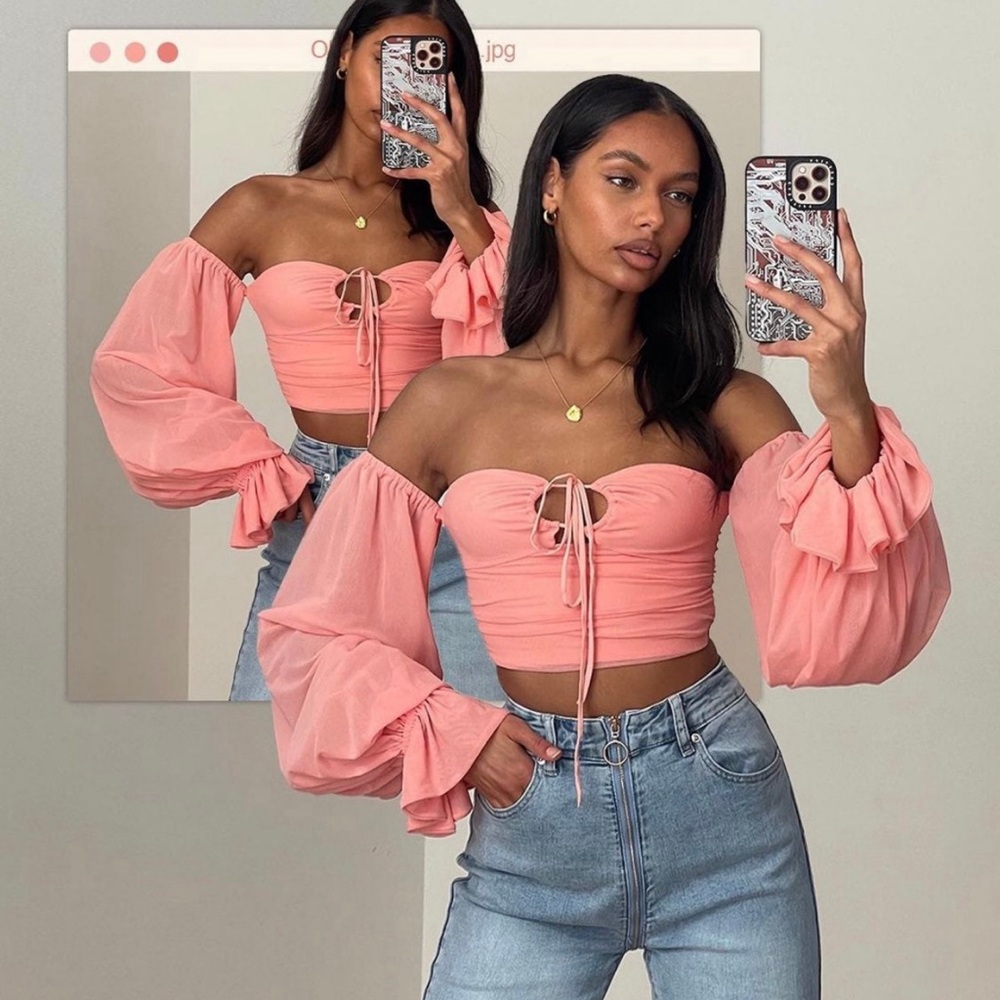 Oh Polly Pink Puff Sleeve Crop Blouse